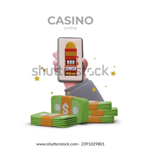 Online casino application. Realistic hand holding smartphone with slot machine on screen. Bundles of green banknotes, gold stars. Concept of online winnings, app advertising