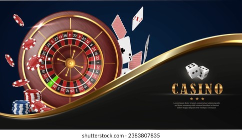 Online casino background with roulette wheel, flying cards and poker chips.