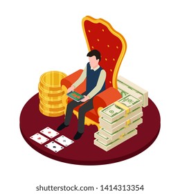 Online casino with banknotes, coins and man with tablet isometric vector illustration