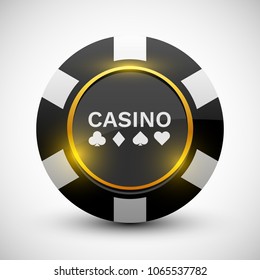 Online casino banner. Black chip isolated on white. Gambling, Poker concept. Vector design.