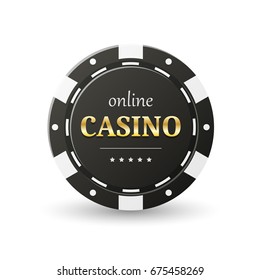 Online Casino Banner. Black Chip, Isolated On White. Gambling Concept, Poker Mobile App Icon. Vector Design.