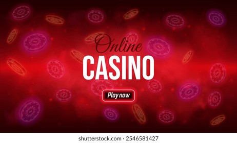 Banner de cassino online com botão jogar agora. Um cassino de néon brilhante com fichas voadoras em um fundo escuro nebuloso. Conceito de jogo para site, promoção, aplicativo móvel. Ilustração vetorial
