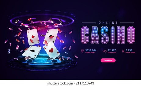 Online casino, banner with button, Casino playing cards with poker chips and hologram of digital rings in dark empty scene