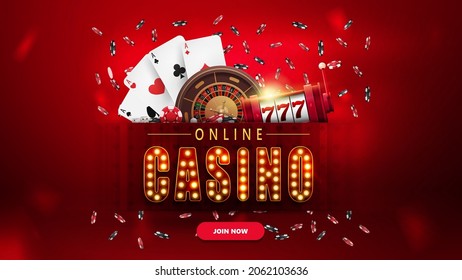 Online casino, banner with button, slot machine, Casino Roulette, falling poker chips and playing cards.