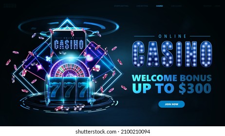 Online casino, banner with button, smartphone, neon slot machine, Casino Roulette and poker chips with neon rhombus frames and hologram of digital rings