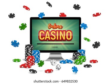 Online casino banner with a computer monitor, chips and dice. Vector illustration.