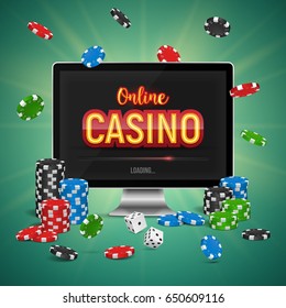 Online casino banner with a computer monitor, chips and dice. Vector illustration.