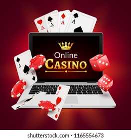Online casino banner concept with laptop. Poker design or fortune casino gambling. Dice and chips vector illustration.