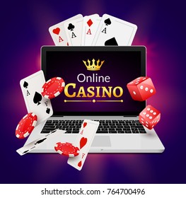 Online casino banner concept with laptop. Poker design or fortune casino gambling. Dice and chips vector illustration.