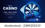 Online casino banner design with slot machine, playing cards, flying poker chips, wheel fortune and pair of dice. Gambling concept. 3d style. Ideal for website, promo, mobile app. Vector illustration