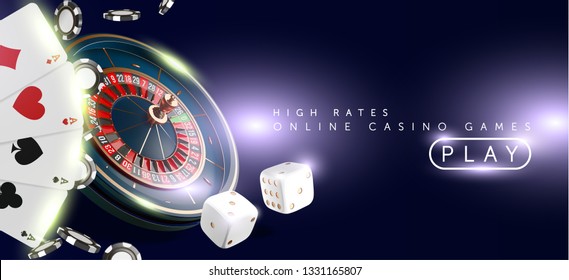 Online casino banner or flyer background. Casino roulette wheel isolated on blue background. 3d realistic vector illustration. Online poker casino roulette gambling concept design