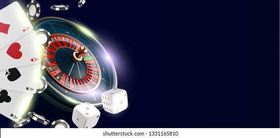 Online casino banner or flyer background. Casino roulette wheel isolated on blue background. 3d realistic vector illustration. Online poker casino roulette gambling concept design