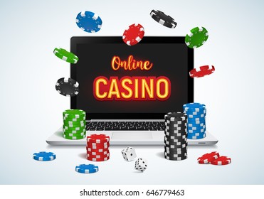 Online casino banner with a laptop, chips, coins and dice. Vector illustration.