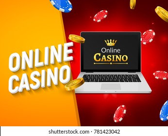 Online casino banner with laptop coins and falling chips. Roulette luck money game. Online poker casino .