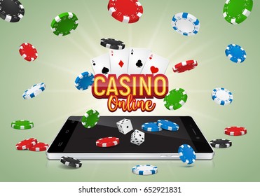 Online casino banner with a mobile phone, dice and falling chips. Vector illustration.