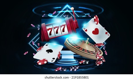 Online casino, banner with monitor, casino slot machine, Casino Roulette, playing cards and poker chips in dark scene with neon rhombus frames and hologram of digital rings