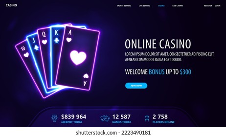 Online-Casino, Banner mit Angebot und rosa und blauen Neon Spielkarten in dunkler Leere Szene.