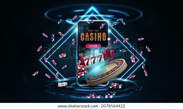 Online casino,\
banner with podium with smartphone, casino slot machine, Casino\
Roulette and poker chips in dark scene with neon rhombus frames and\
hologram of digital\
rings