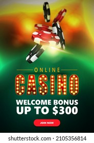 Online casino, banner with poker chips and casino roulette green table in perspective with golden background