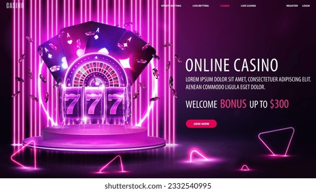 Online casino, banner with purple neon casino roulette, slot machine, neon playing cards and poker chips on purple podium in scene with line neon pink wall