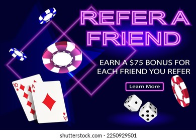 Online casino. Banner with refer a friend promotion, dice, cards and chips on a dark blue background. The concept of gambling, online casino. Vector image