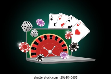Online casino banner with roulette on laptop screen, dice, poker cards and chips. Vector gambling poster. Risky entertainment club illustration. Internet gambler play eps symbol