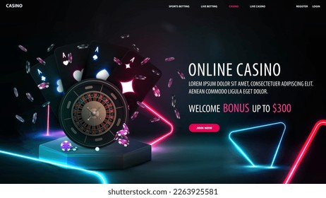 Online casino, banner with casino Roulette wheel with black playing cards with glowing neon lights on black hexagon podium and neon colors triangles around.