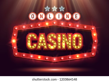 Online casino banner with shining retro billboard. Casino poster vintage style. Vector illustration.