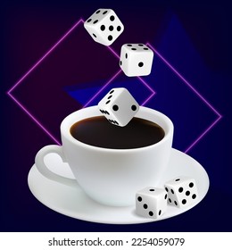 Online casino. Banner for the site with a cup of coffee, cubes. Gambling concept. Vector image