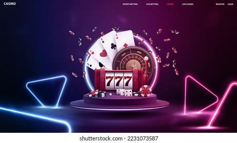 Online casino, banner with slot machine, Casino Roulette, poker chips and playing cards on podium floating in the air with line gradient neon triangles around