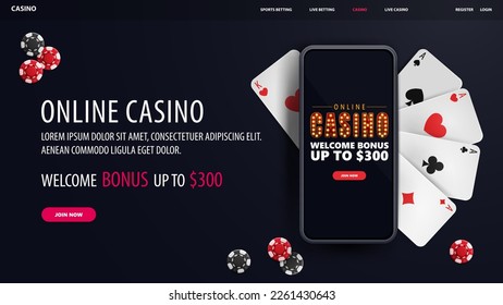 Online casino, banner with smartphone with offer, playing cards and poker chips, top view