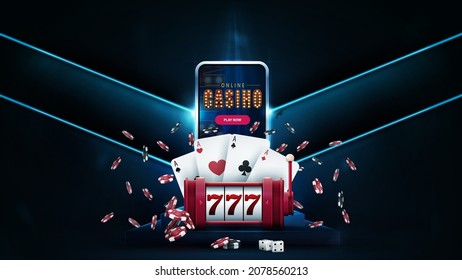 Online casino, banner with smartphone on podium, red slot machine, poker chips and playing cards in empty room with neon blue large arrows on wall