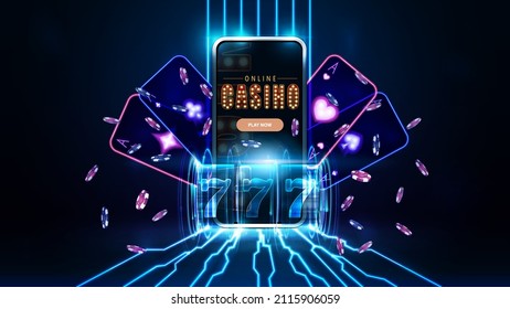 Online casino, banner with smartphone, playing cards, blue neon shine slot machine and poker chips in dark scene with blue Perspective Grids