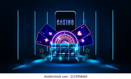 Online casino, banner with smartphone, playing cards, blue neon shine slot machine with blue Perspective line lamps around, 3d realistic vector illustration. Blue and dark digital scene