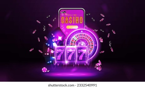 Online casino, banner with smartphone, purple neon slot machine, neon casino roulette, playing cards and poker chips