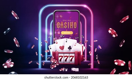 Online casino, banner with smartphone, red slot machine, poker chips, playing cards and neon pink and blue frames