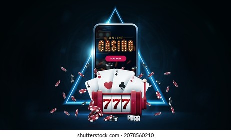 Online casino, banner with smartphone, red slot machine, poker chips, playing cards in dark scene with blue neon triangle border on background