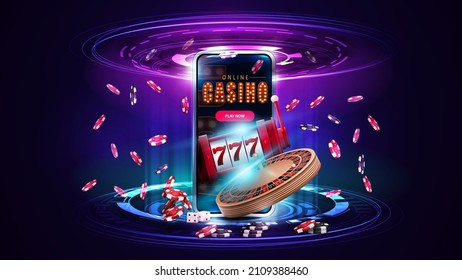 Online casino, banner with smartphone, Casino Roulette wheel, slot machine, poker chips and hologram of digital rings in pink and blue scene