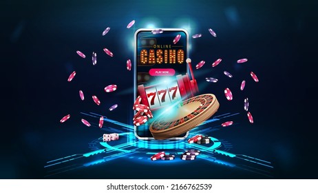 Online casino, banner with smartphone, Casino Roulette wheel, slot machine, poker chips and digital hologram of podium with digital rings and cross in dark room