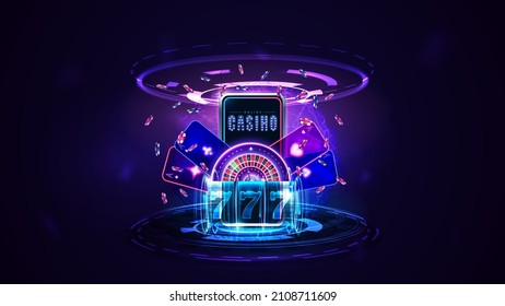 Online casino, banner with smartphone, shine neon Casino Roulette wheel, playing cards, blue neon shine slot machine and poker chips in dark scene with hologram of digital rings