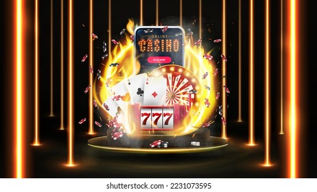 Online casino, banner with smartphone, casino slot machine, Casino Roulette, playing cards and poker chips on gold podium in dark scene with wall of line vertical gold neon lamps around