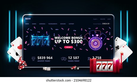 Online Casino, Banner With Tablet, Casino Slot Machine, Cards And Poker Chips In Dark Scene With Neon Vertical Lamps