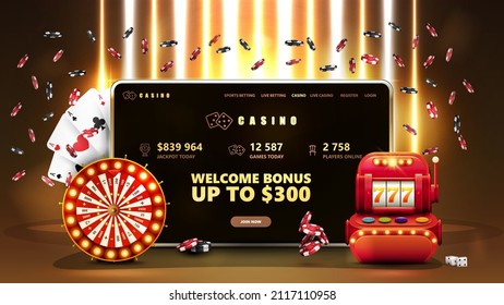 Online casino, banner with tablet, slot machine, Casino Wheel Fortune, poker chips and playing cards in gold scene with yellow vertical lamps on background