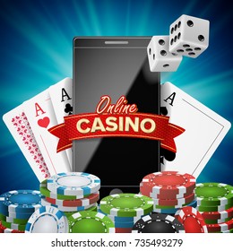 Online Casino Banner Vector. Realistic Smart Phone. Explosion Bright Chips, Playing Dice, Dollar Banknotes. Winner Symbol. Jackpot Billboard, Luxury Banner Illustration.