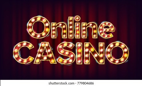 Online Casino Banner Vector. Casino Vintage Golden Illuminated Neon Light. Risk Illustration