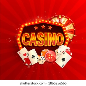 Online casino banner in vintage light frame with poker cards, playing dice, chips, fortune wheel and other gambling design elements. Invitation poster template on shiny background.Vector illustration.