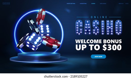 Online casino, banner for website with blue podium floating in the air with blue neon ring, 3D dice and realistic gambling stack of casino chips in dark scene