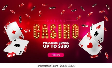 Online casino, banner for website with button, poker chips and playing cards