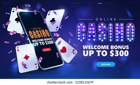 Online casino, banner for website with button, smartphone, poker chips and playing cards in blue scene