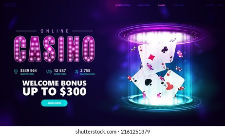 Online casino, banner for website with button and playing cards with poker chips inside pink and blue hologram of digital rings in dark empty scene